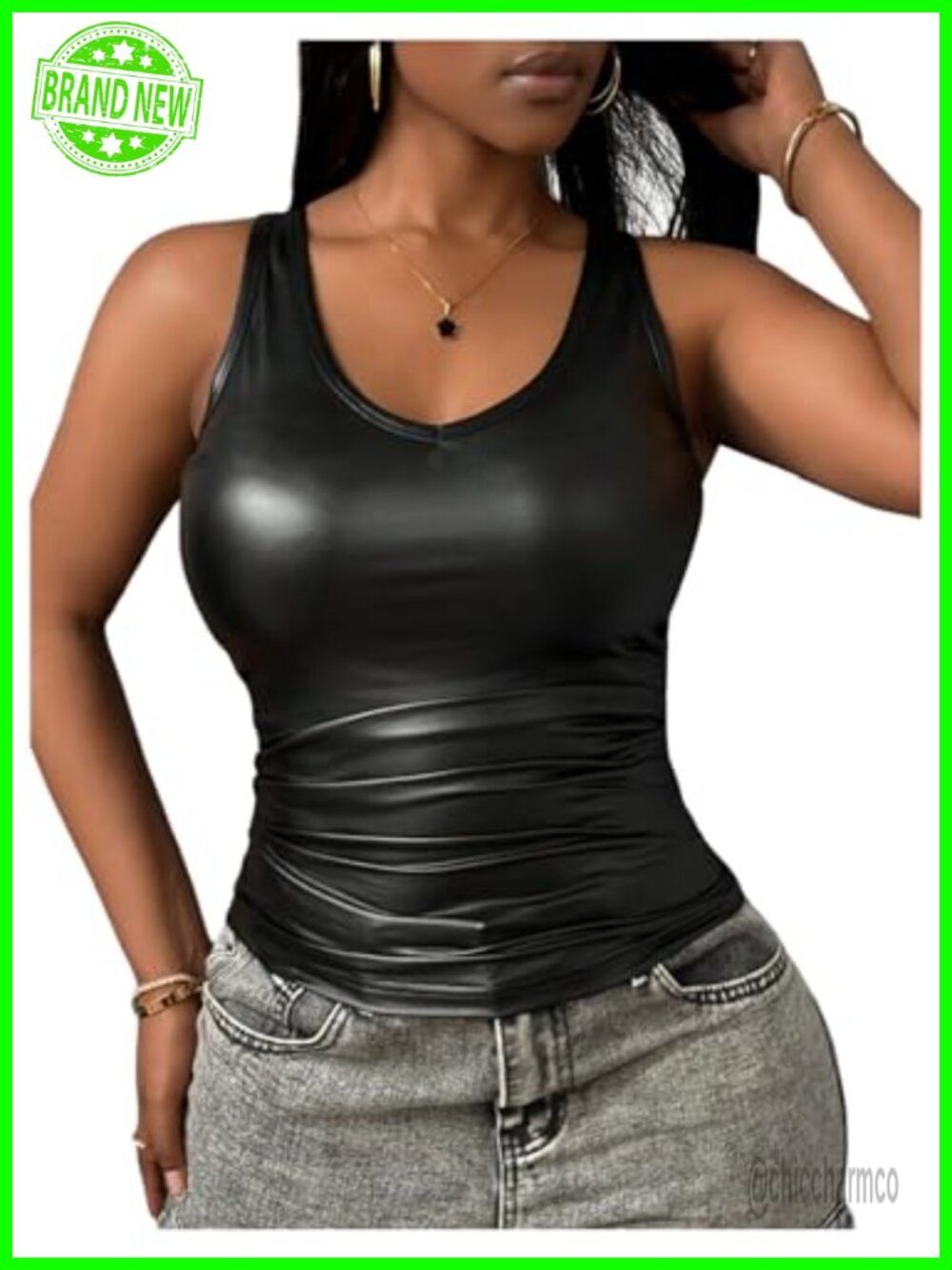Faux PU Leather Tank Top Sleeveless Backless Ruched Club Top